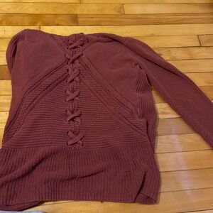 Size medium maroon open front cardigan with back cross detail
